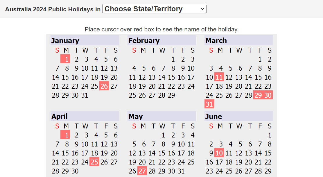 Public Holidays in Australia 2024 Calendar